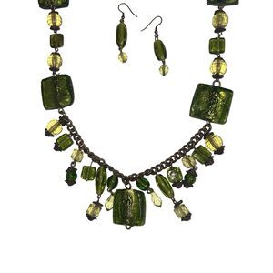 MCM Lime Green Murano Glass Beaded Necklace and Earrings Vintage Jewelry Set